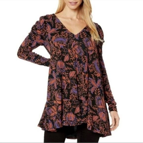 Free People Hey Lover Printed Tunic Ruffle Ruched Sleeve Floral Neutral Size S - Picture 2 of 12